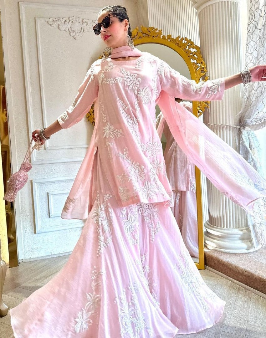 Baby pink georgette thread work sharara salwar suit