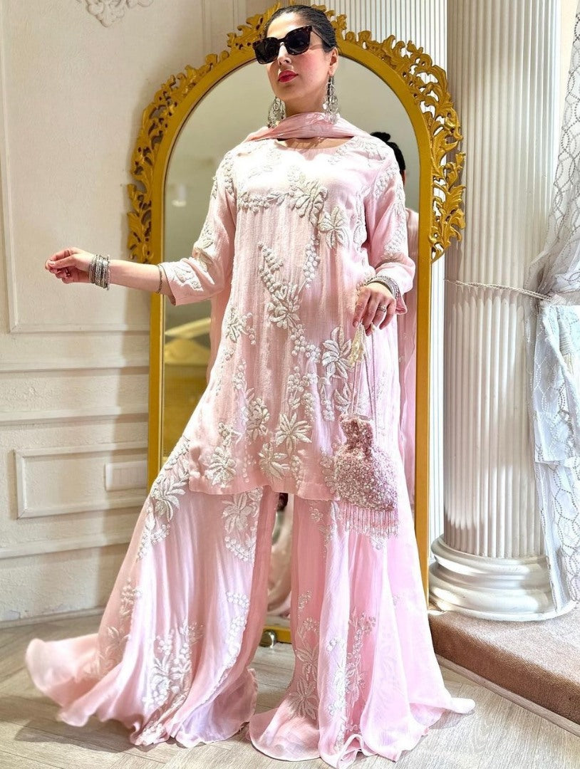 Baby pink georgette thread work sharara salwar suit