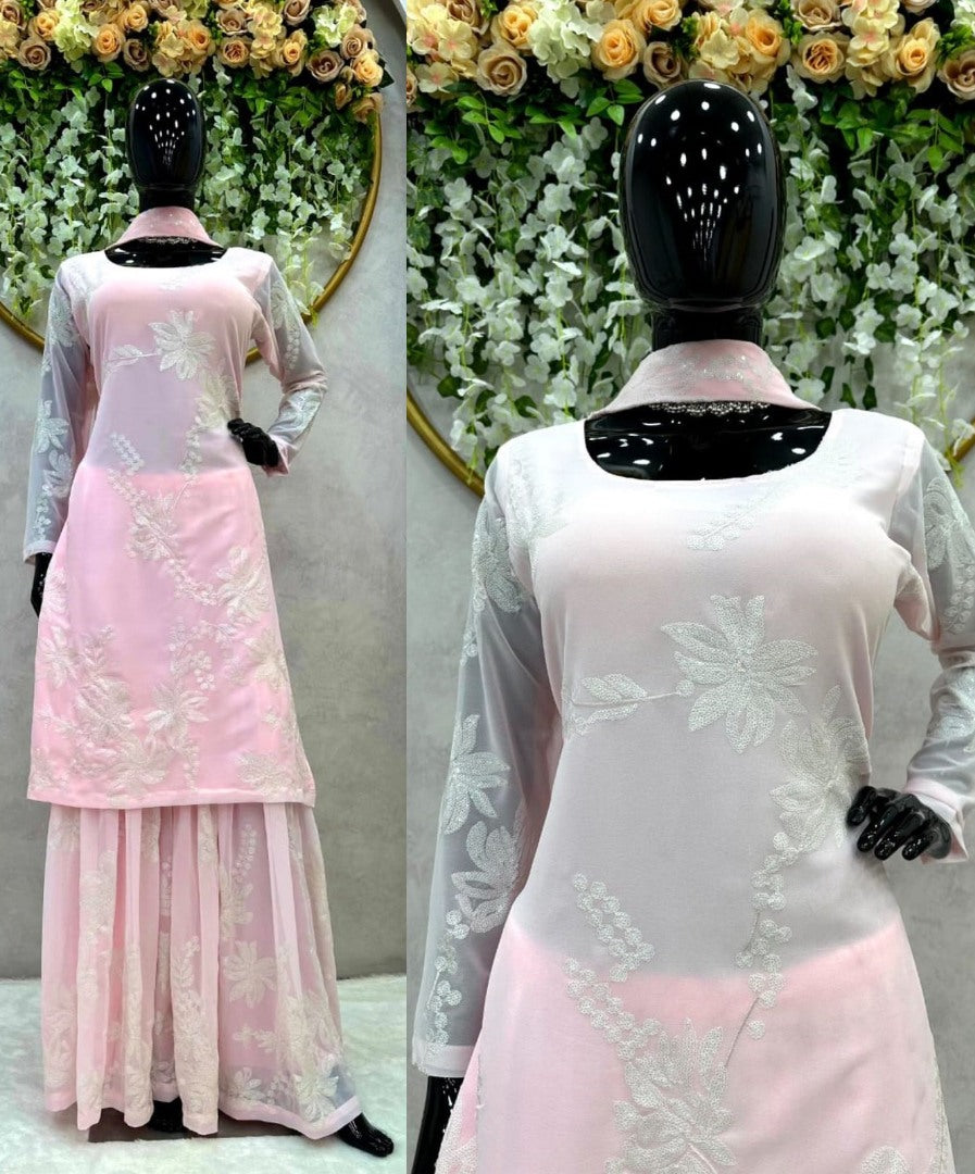 Baby pink georgette thread work sharara salwar suit