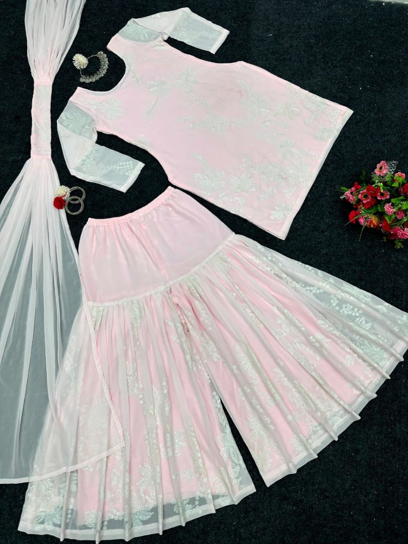 Baby pink georgette thread work sharara salwar suit