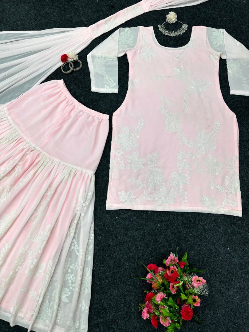 Baby pink georgette thread work sharara salwar suit