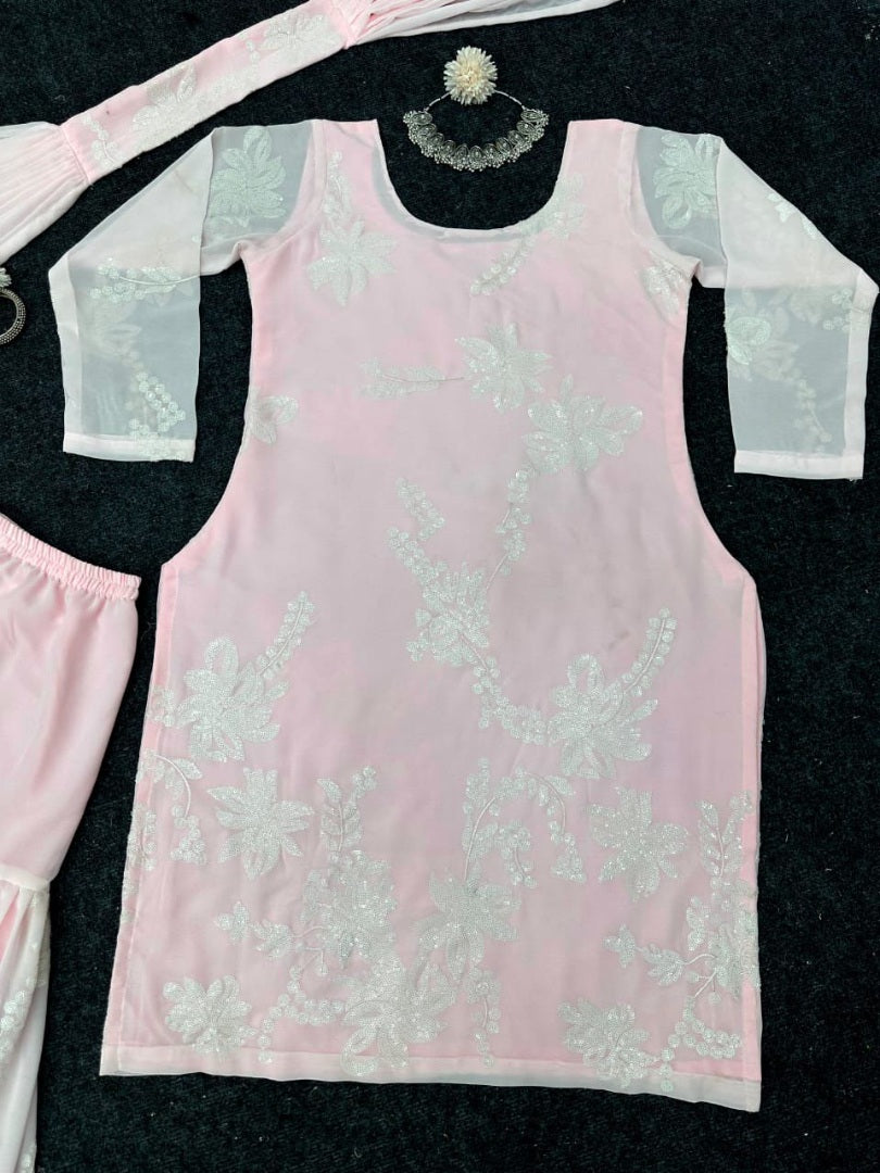 Baby pink georgette thread work sharara salwar suit