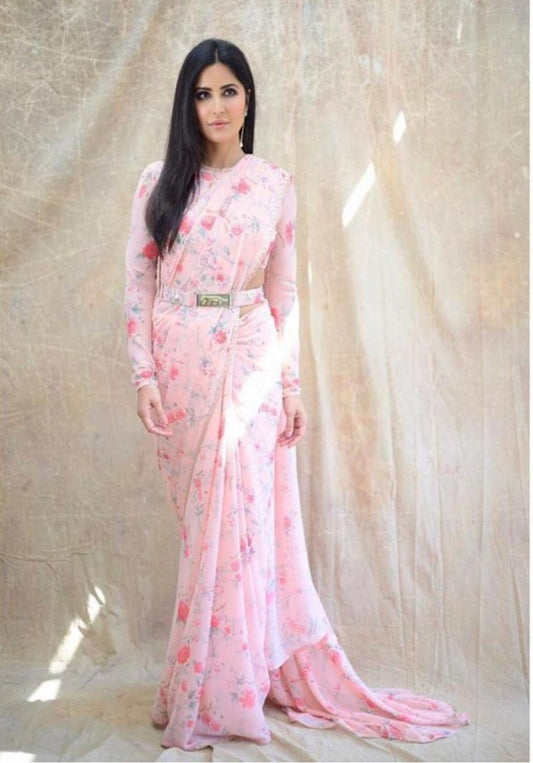 Baby pink gorgeous floral digital printed stylist saree