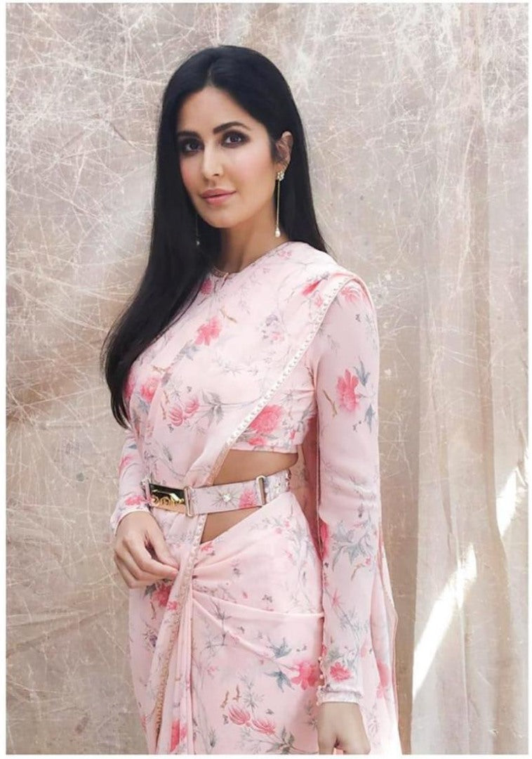 Baby pink gorgeous floral digital printed stylist saree