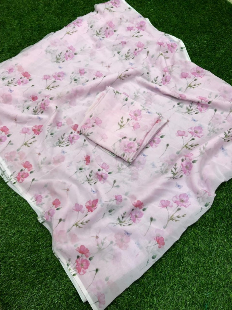 Baby pink gorgeous floral digital printed stylist saree
