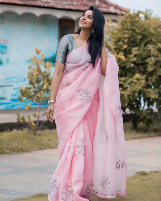 Baby pink heavy crushed silk coding flower work saree