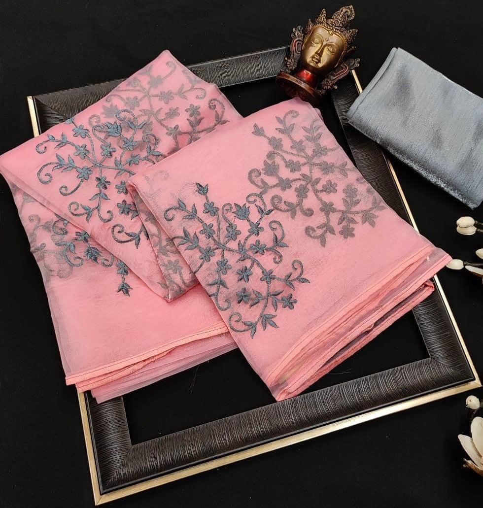 Baby pink heavy crushed silk coding flower work saree