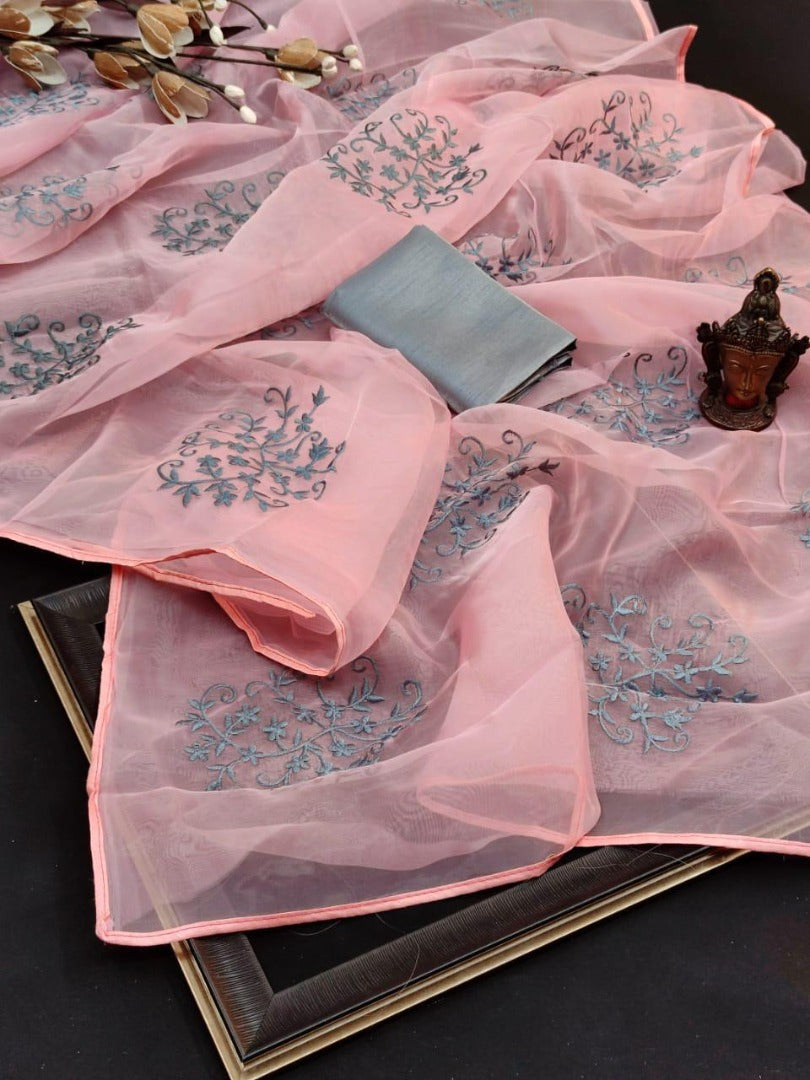 Baby pink heavy crushed silk coding flower work saree