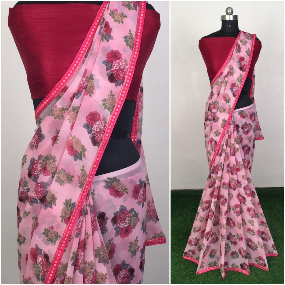 baby pink heavy georgette floral printed saree