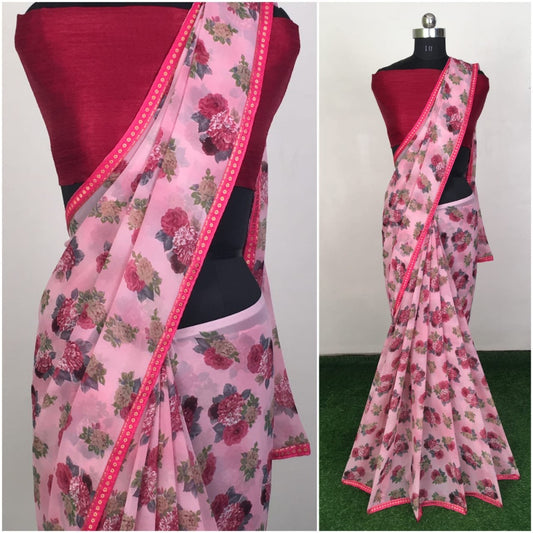 baby pink heavy georgette floral printed saree