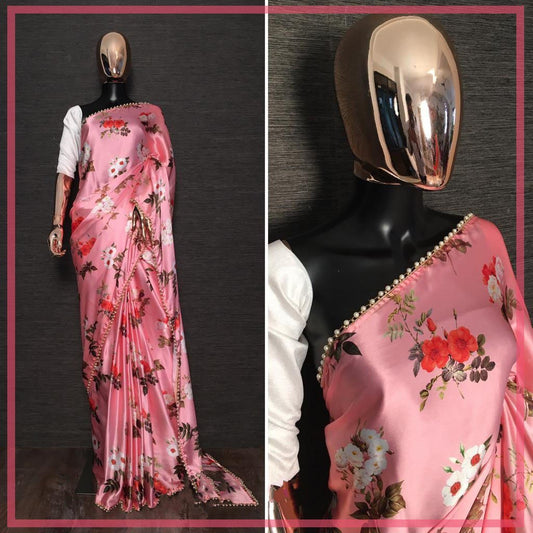 Baby pink heavy japan satin floral printed saree