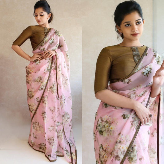 Baby pink heavy moss organza floral digital printed saree
