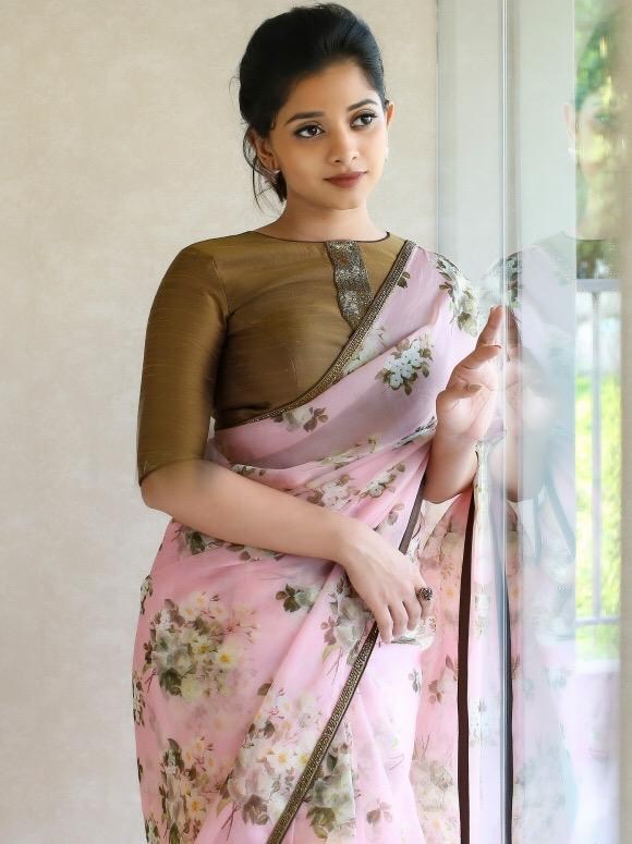 Baby pink heavy moss organza floral digital printed saree
