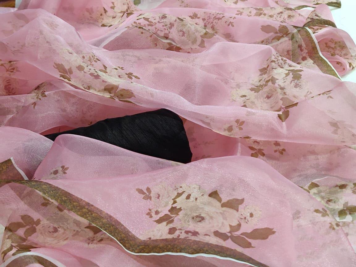 Baby pink heavy moss organza floral digital printed saree