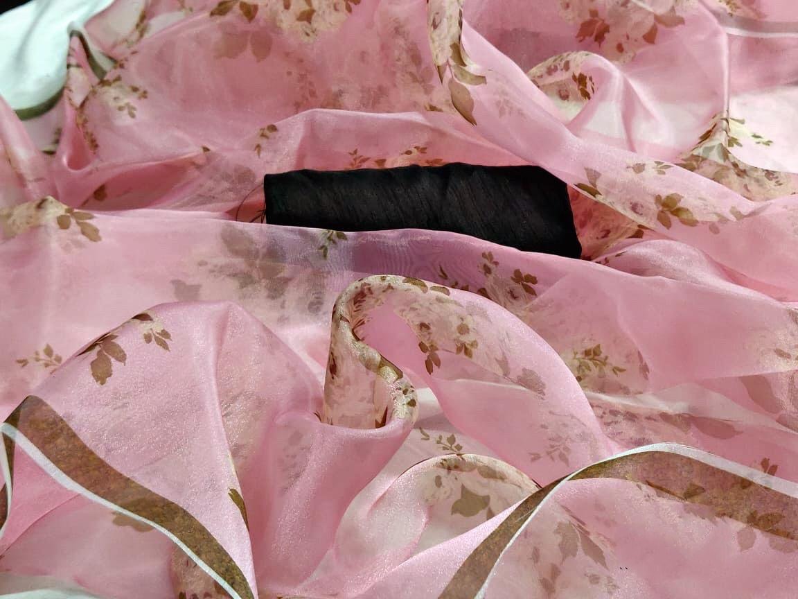 Baby pink heavy moss organza floral digital printed saree