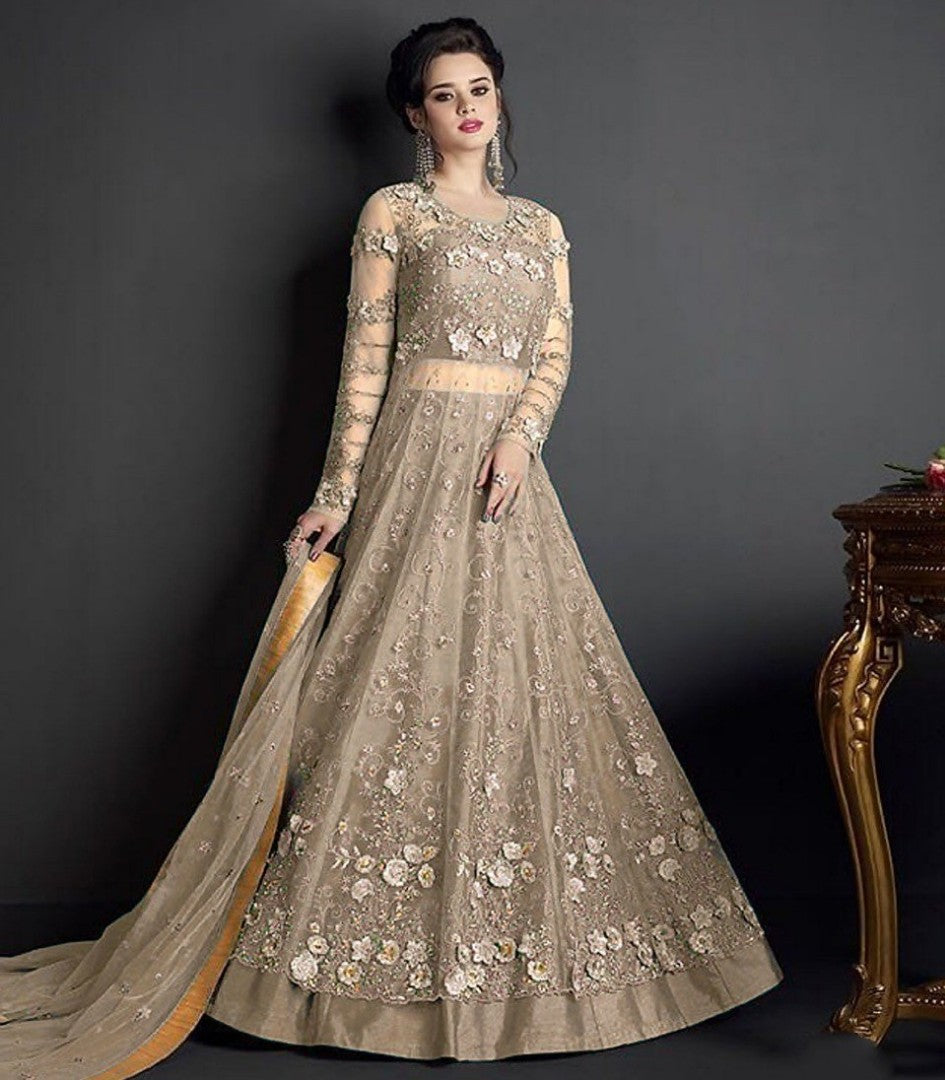Baby pink heavy net designer embroidered wedding gown