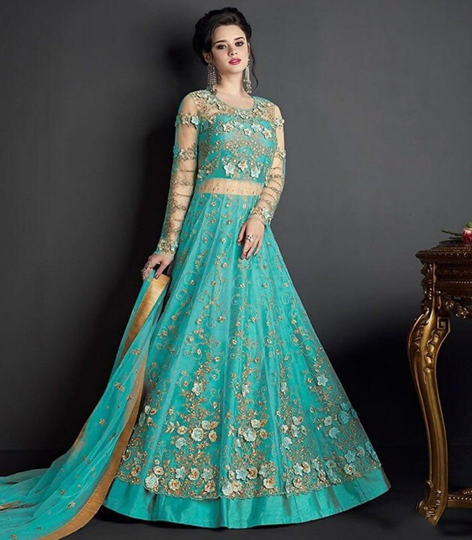 Baby pink heavy net designer embroidered wedding gown