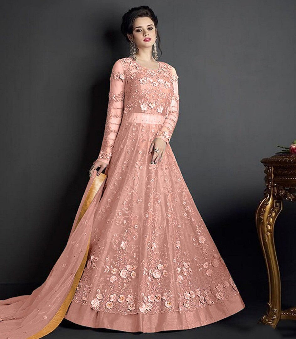Baby pink heavy net designer embroidered wedding gown