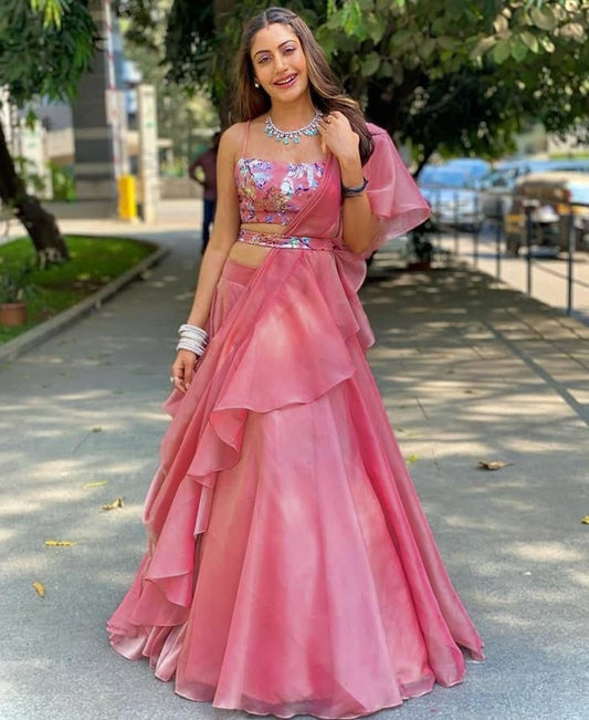 Baby pink heavy organza ceremonial lehenga choli