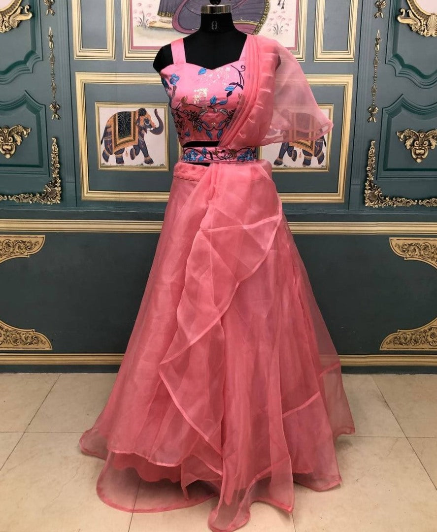 Baby pink heavy organza ceremonial lehenga choli
