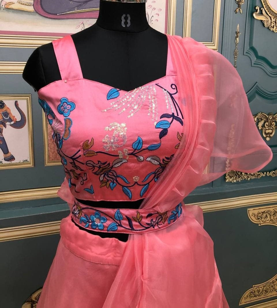 Baby pink heavy organza ceremonial lehenga choli