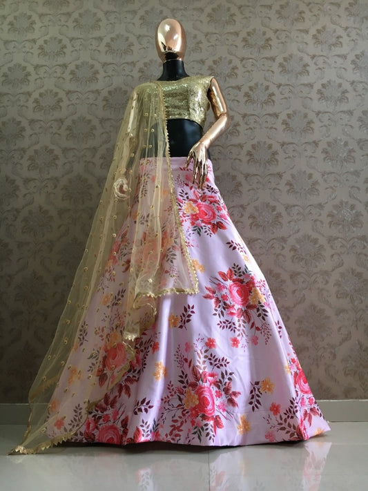 Baby pink heavy satin floral printed beautiful lehenga choli for ceremony