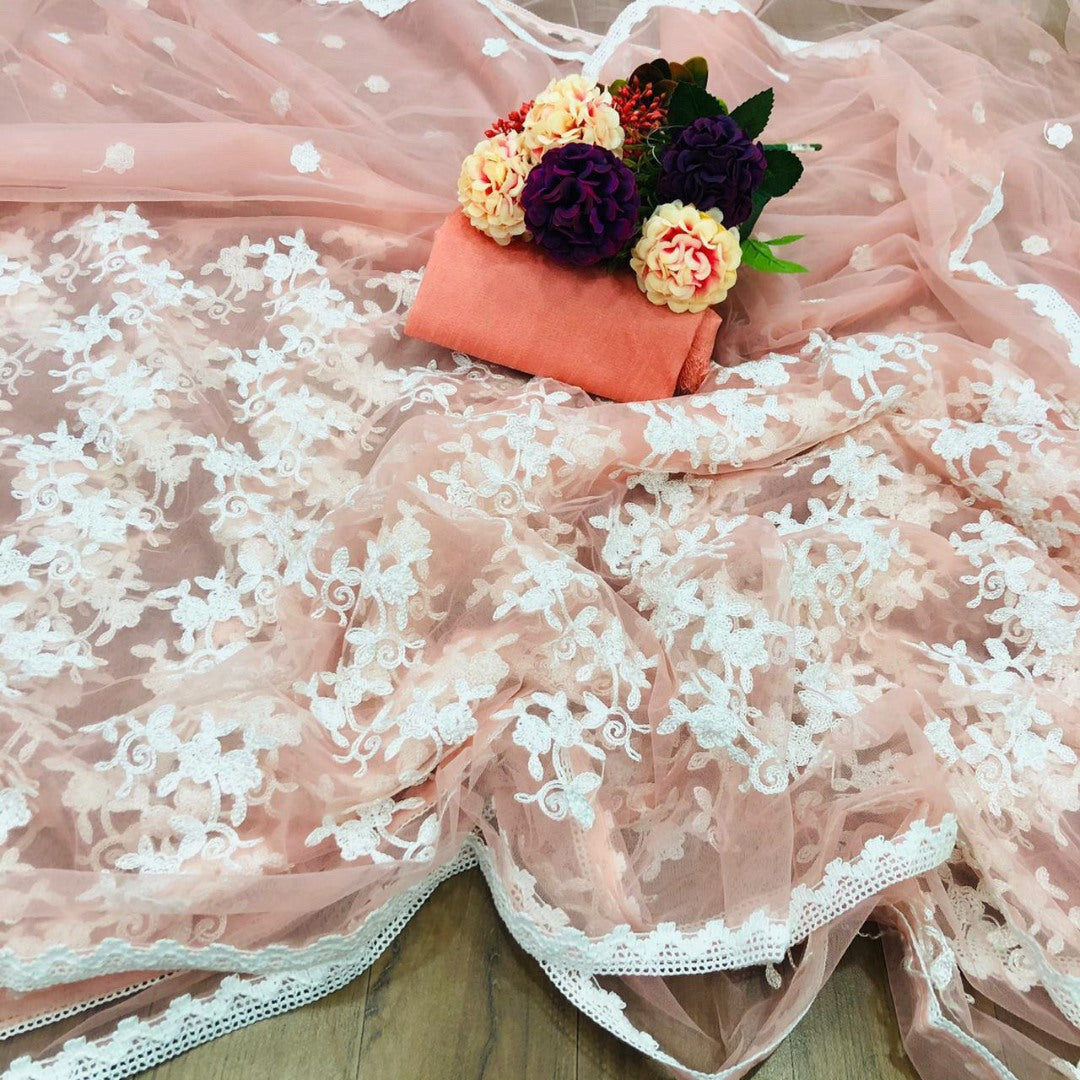 Baby pink heavy soft net thread work elegant look saree