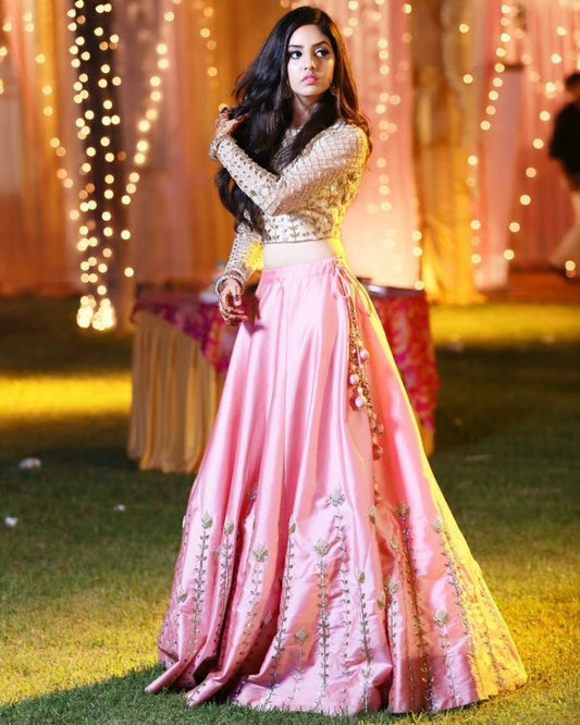 Baby pink japan satin designer embroidered ceremonial lehenga choli