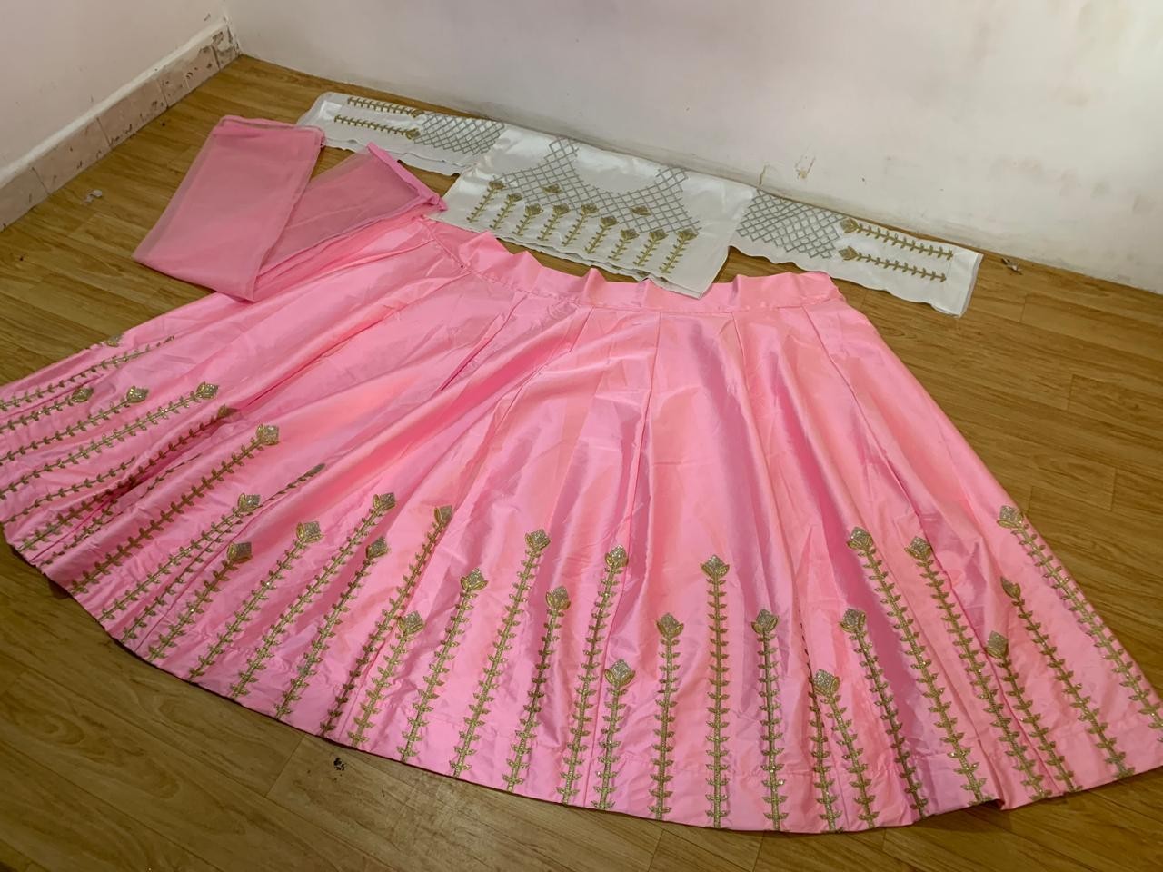Baby pink japan satin designer embroidered ceremonial lehenga choli