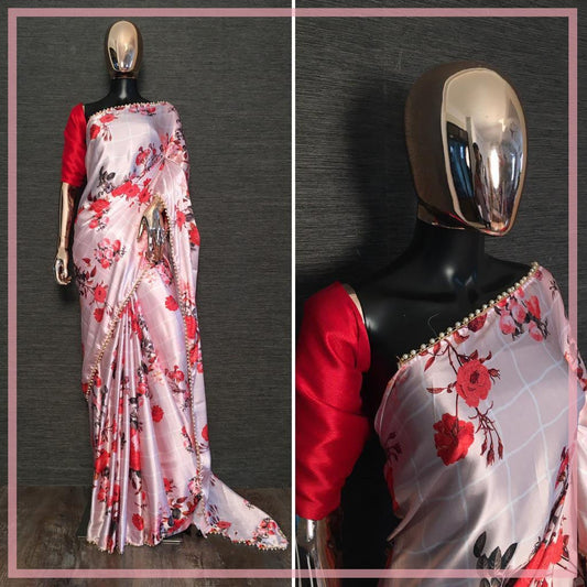 Baby pink japan satin floral digital printed saree