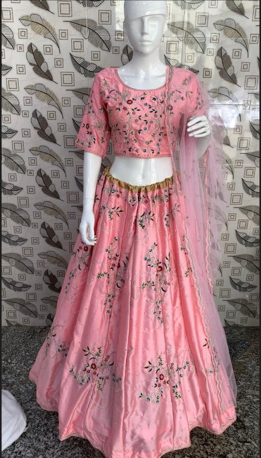 baby pink malai satin designer embroidered wedding lehenga