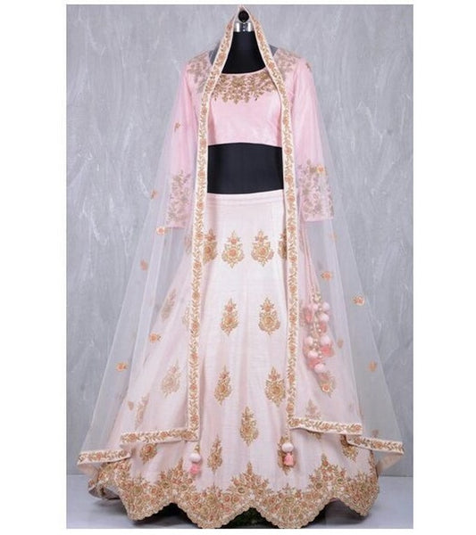 baby pink malai satin embroidered wedding lehenga