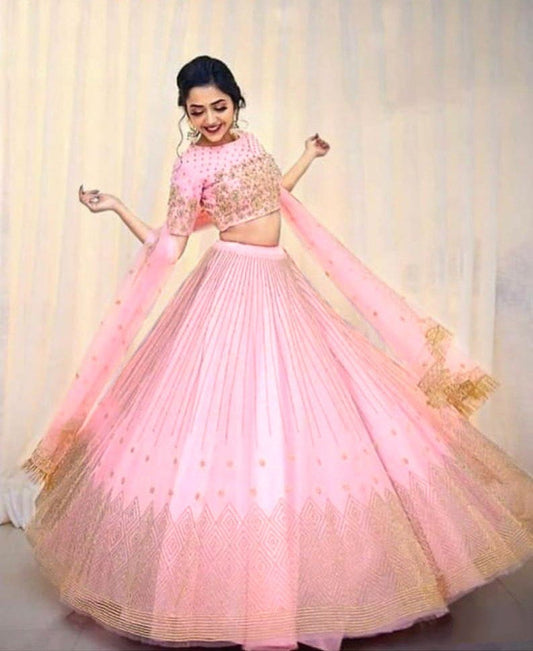 Baby pink mono net embroidered wedding lehenga choli