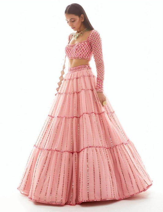 Baby pink mono net heavy embroidered wedding lehenga choli