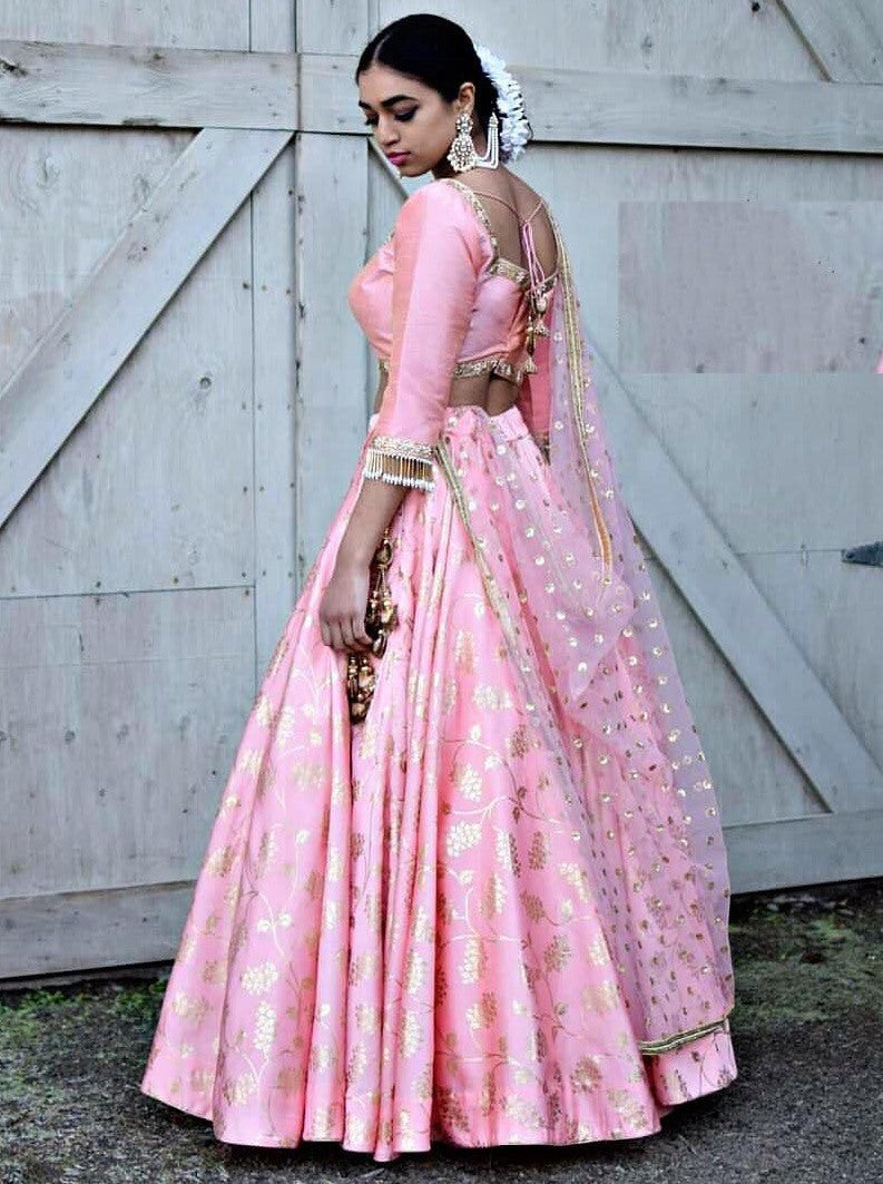 Baby pink moss georgette foil printed lehenga choli for ceremony