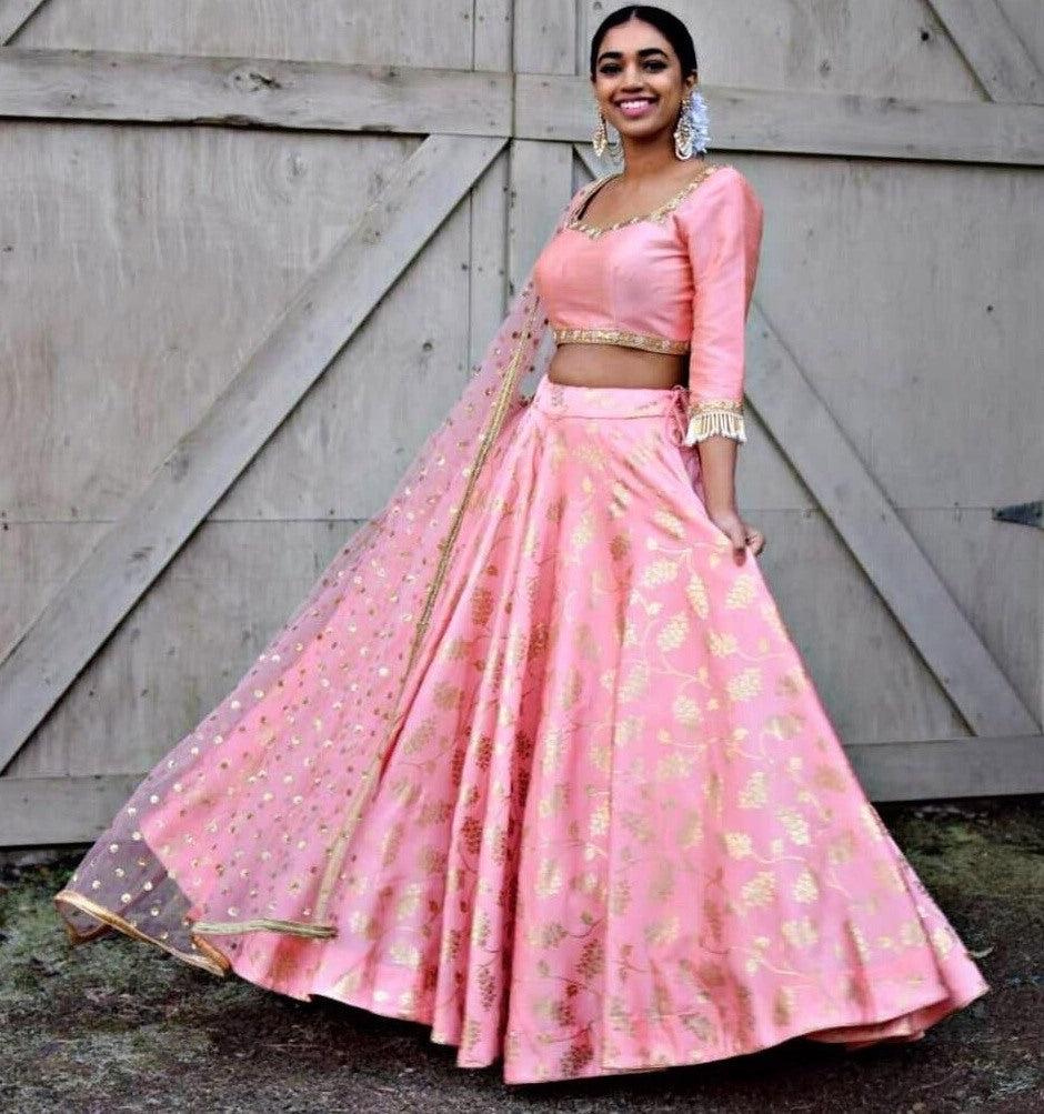 Baby pink moss georgette foil printed lehenga choli for ceremony