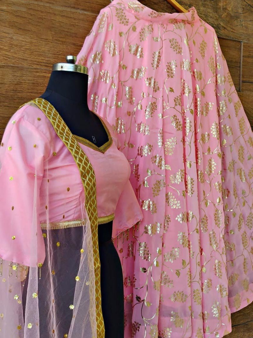 Baby pink moss georgette foil printed lehenga choli for ceremony