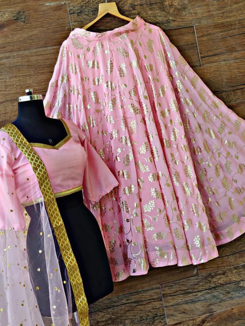Baby pink moss georgette foil printed lehenga choli for ceremony