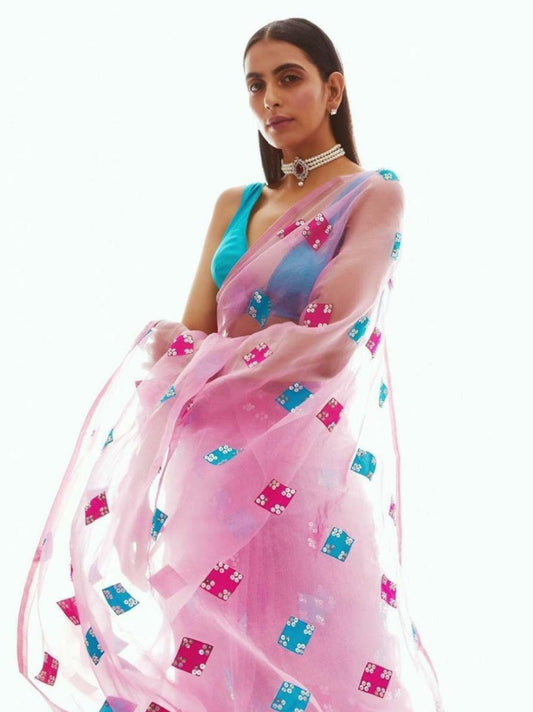 Baby pink moss organza digital printed saree