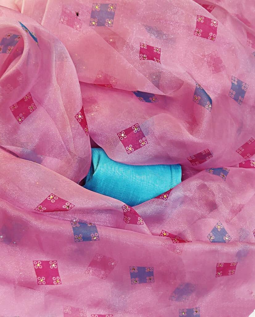 Baby pink moss organza digital printed saree
