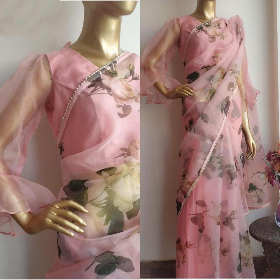 Baby pink moss organza floral printed saree