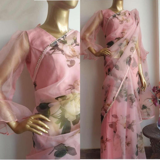 Baby pink moss organza floral printed saree