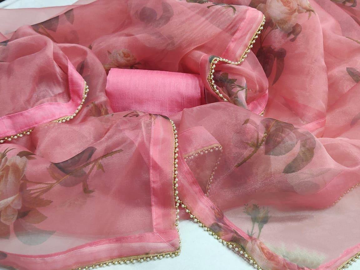 Baby pink moss organza floral printed saree