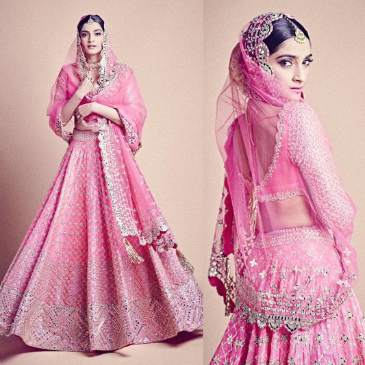Baby pink mulberry silk paper mirror work wedding lehenga choli