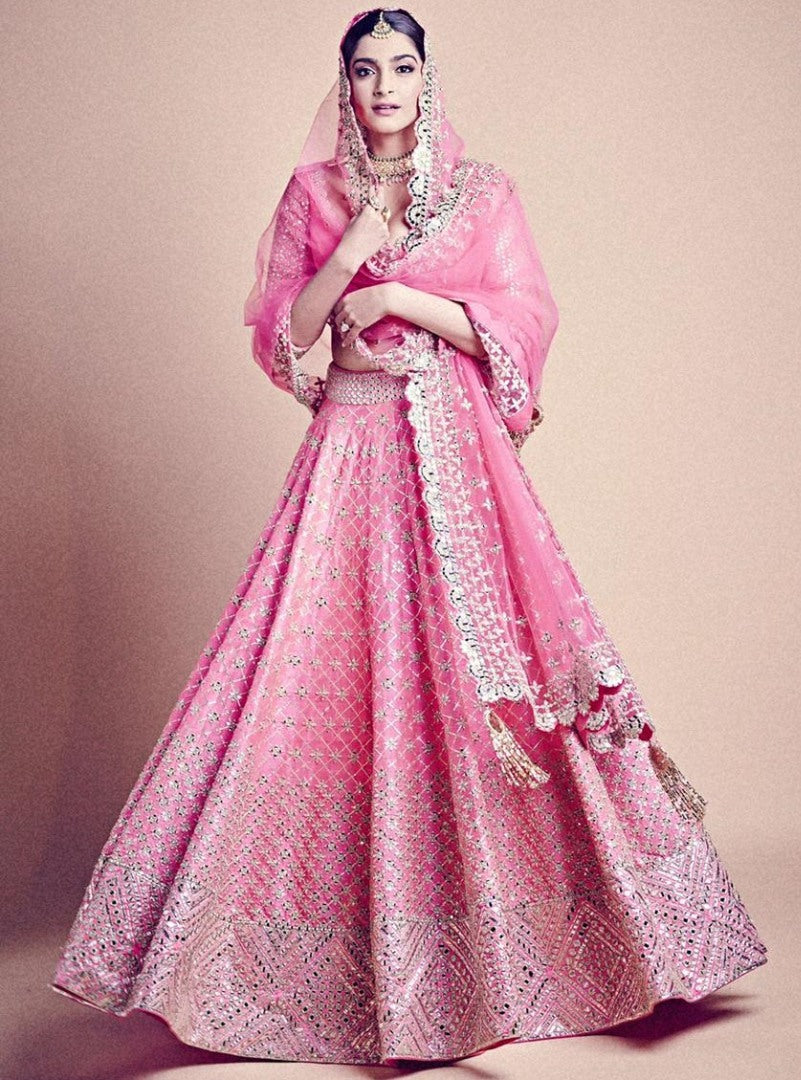 Baby pink mulberry silk paper mirror work wedding lehenga choli