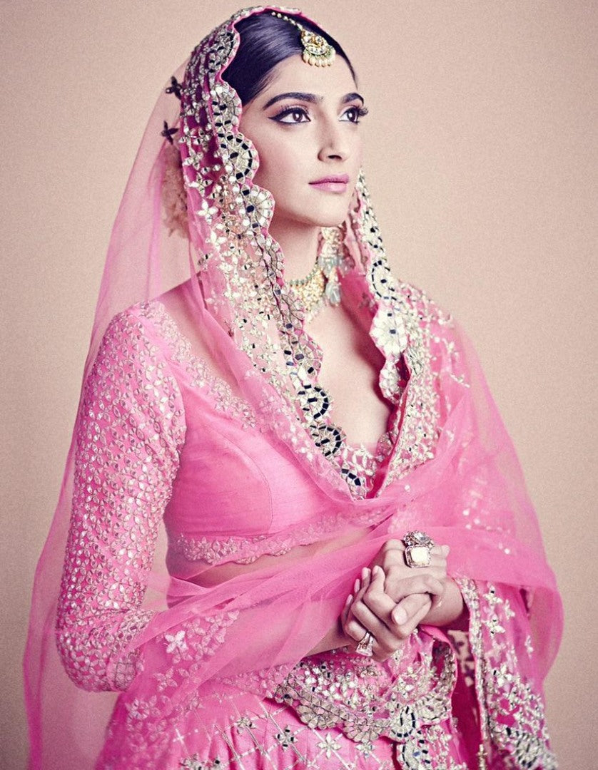 Baby pink mulberry silk paper mirror work wedding lehenga choli