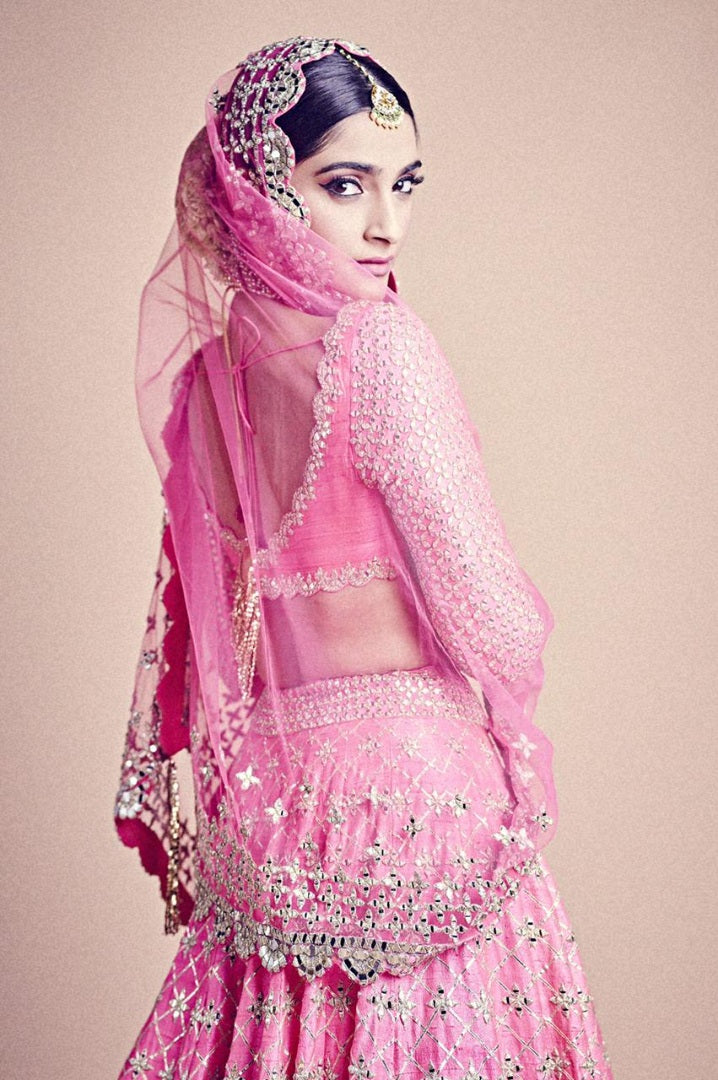 Baby pink mulberry silk paper mirror work wedding lehenga choli