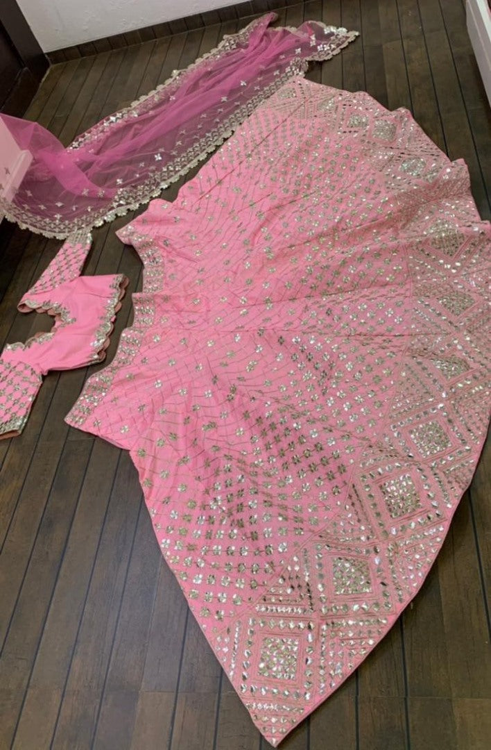 Baby pink mulberry silk paper mirror work wedding lehenga choli