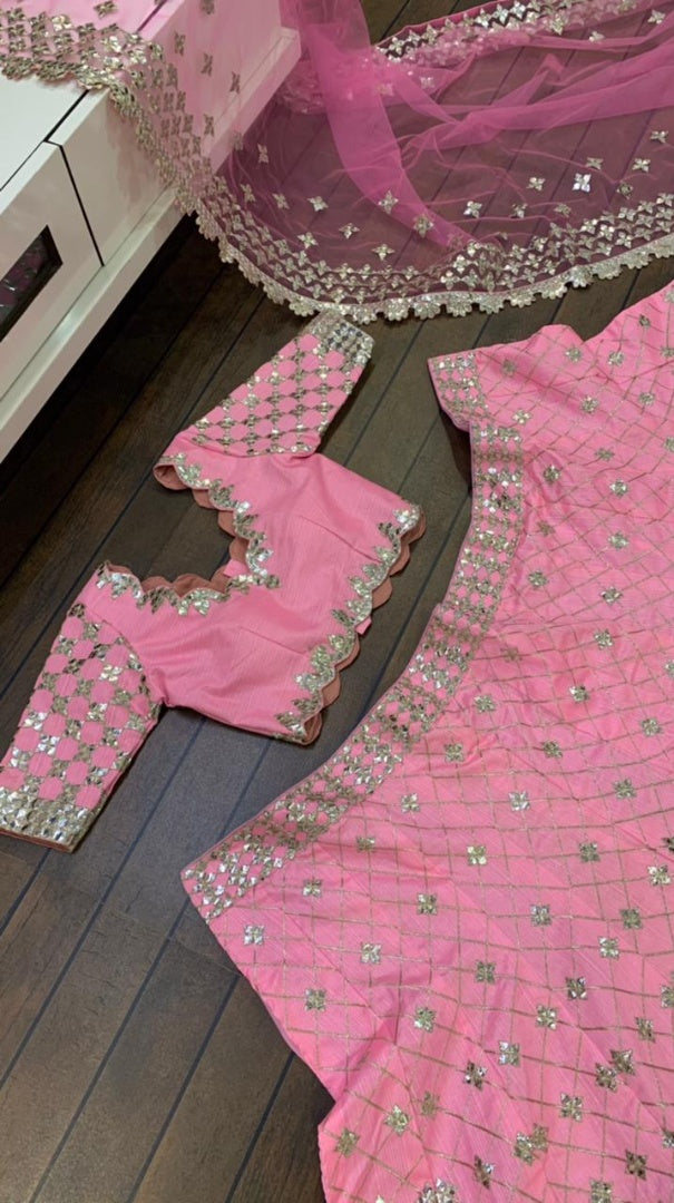 Baby pink mulberry silk paper mirror work wedding lehenga choli