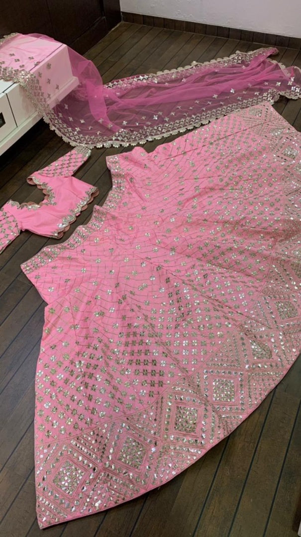 Baby pink mulberry silk paper mirror work wedding lehenga choli